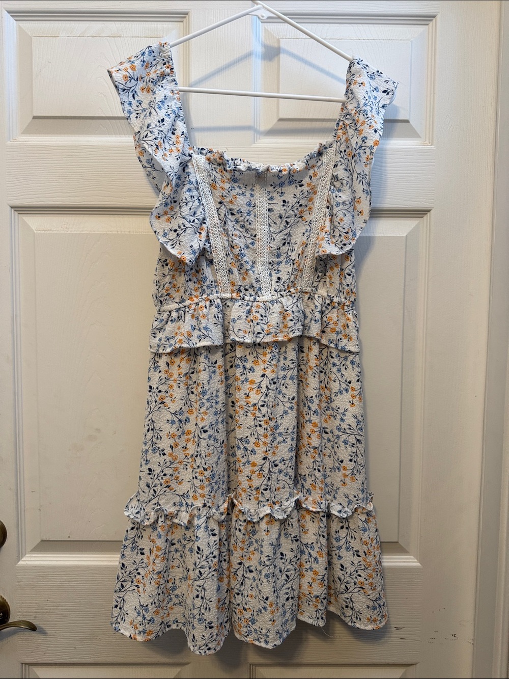 Girls White Floral Tiered Sundress with Blue and Yellow Print